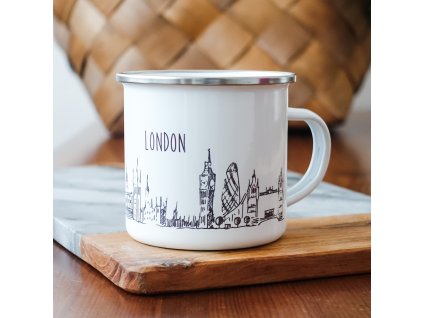 11887 bily smaltovany plechacek pamatkami londyna a napisem london 360ml