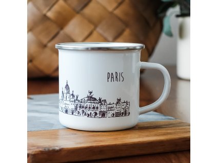 11890 bily smaltovany plechacek pamatkami parize a napisem paris 360ml