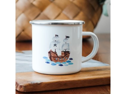 11908 bily smaltovany plechacek s piratskou lodi 360ml