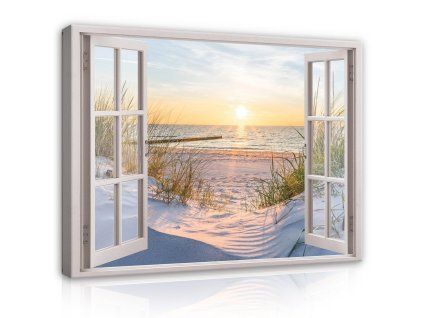 Obraz na plátně: 3D Effect Window Beach View - 100x75 cm