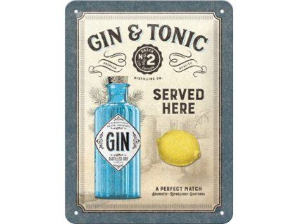 Plechová cedule: Gin & Tonic Served Here - 15x20 cm