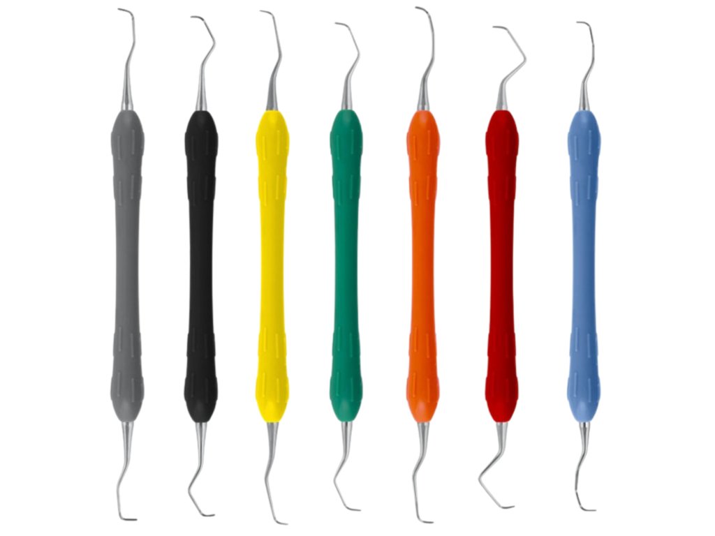 Profesionální sada kyret Gracey Easy Color pro přesné odstranění zubního plaku a kamene s barevným označením pro rychlou orientaci při práci.(8)