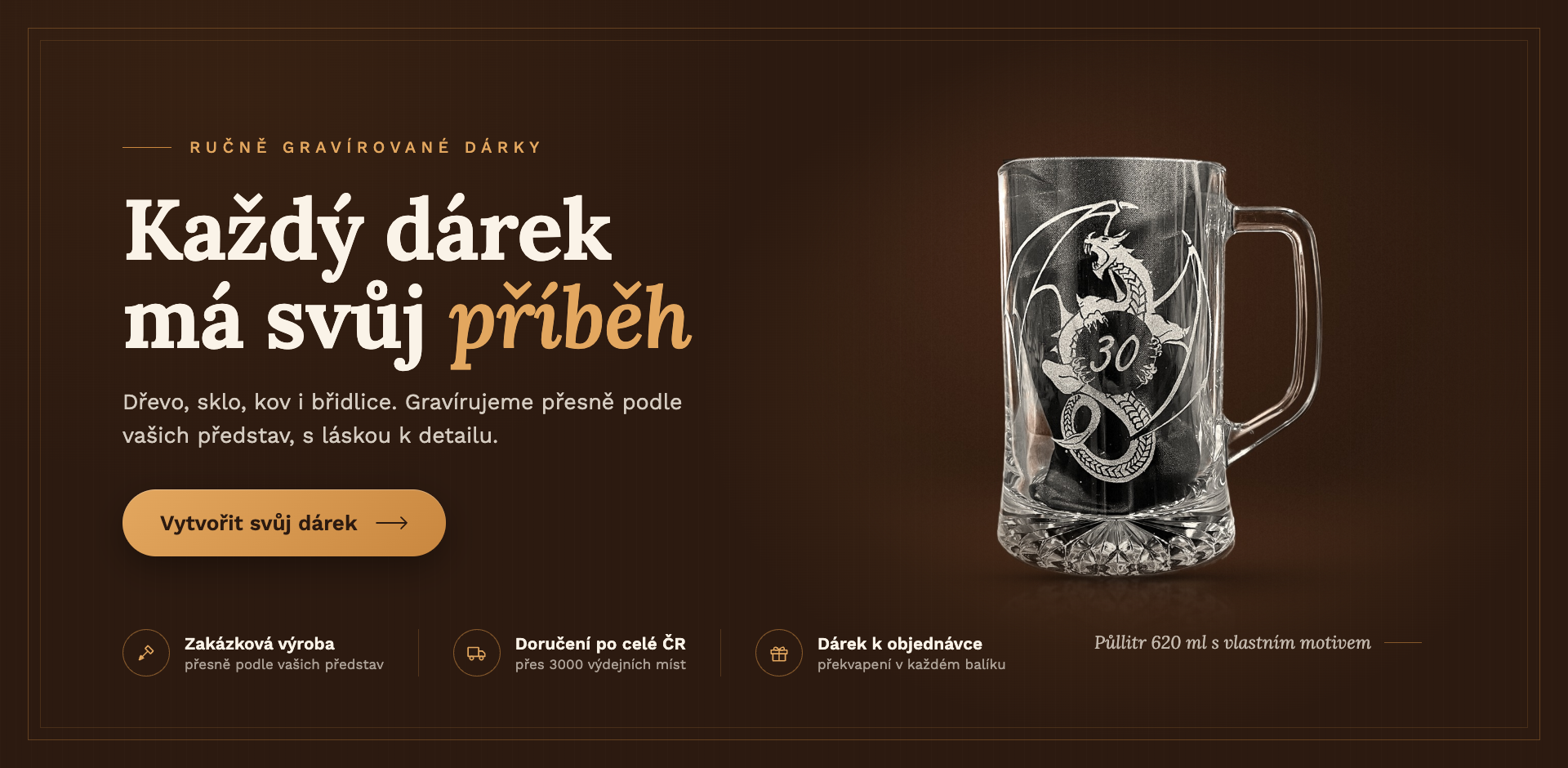 Ručně gravírované dárky DOpal: skleněný půllitr 620 ml s gravírovaným drakem a číslem 30
