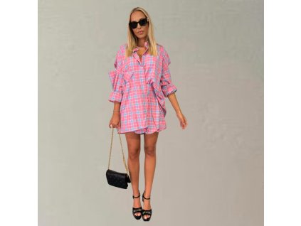 Káro set pink košeľa a sukňa