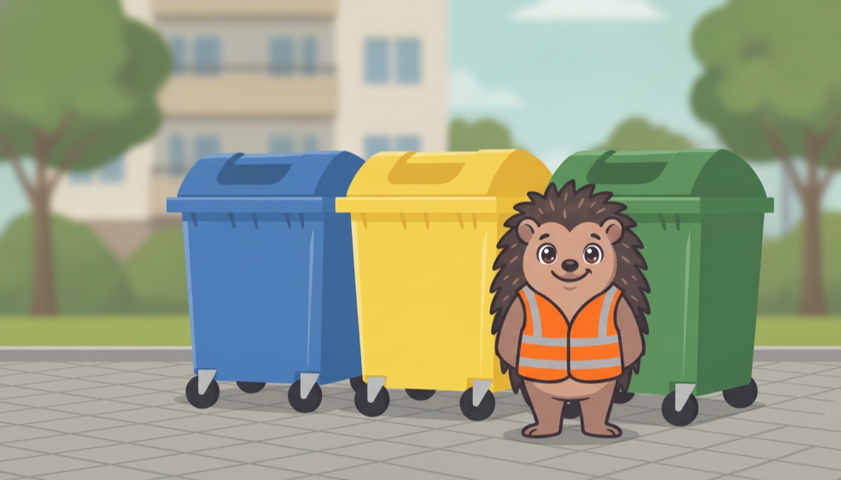 Barevné kontejnery 1100 l na papír, plast a sklo na sběrném stání sídlištního domu