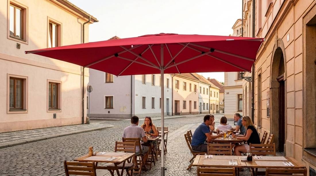 Červený slunečník Alu-Expert 350 x 350 cm nad restaurační zahrádkou v historické ulici