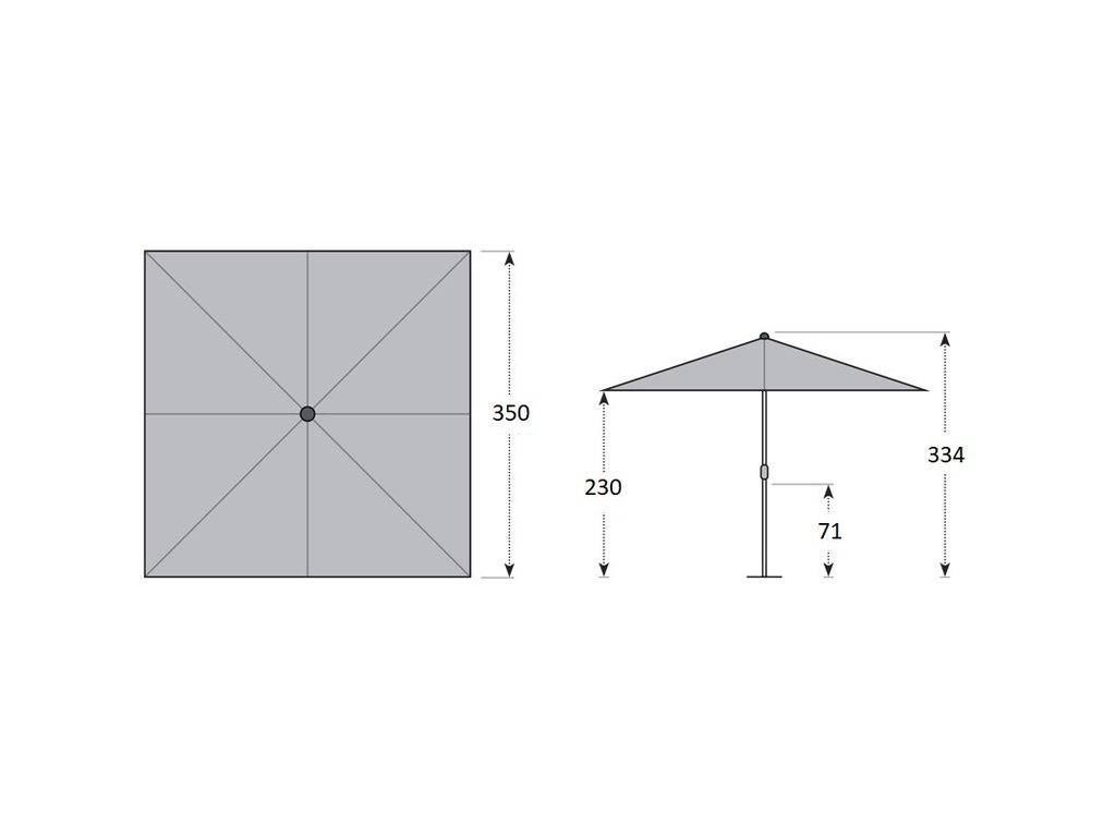 Rozměrový nákres slunečníku Alu-Expert 350 x 350 cm s kótami 350, 334 a 230 cm