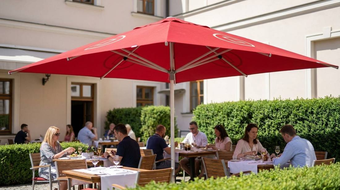 Červený slunečník Alu-Expert s potiskem na panelech nad hotelovou terasou