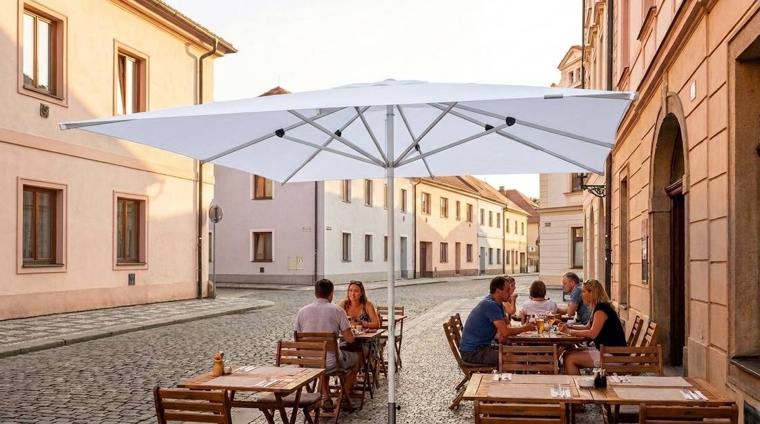 Bílý slunečník Alu-Expert 350 x 350 cm nad restaurační zahrádkou v historické ulici