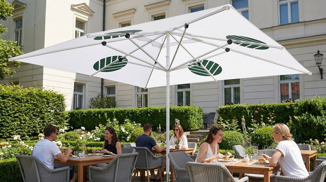 Bílý slunečník Alu-Expert se zeleným potiskem na panelech nad hotelovou terasou
