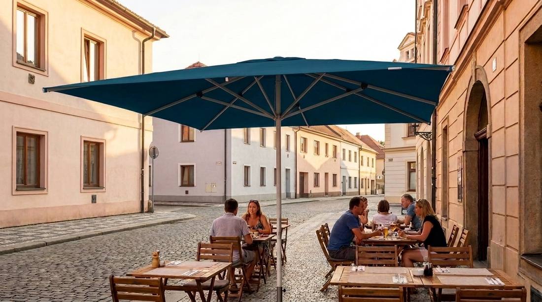 Modrý slunečník Alu-Expert 350 x 350 cm nad restaurační zahrádkou v historické ulici