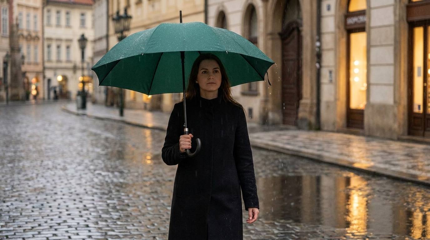 Zelený holový deštník Bristol AC v dešti na dlažbě českého města