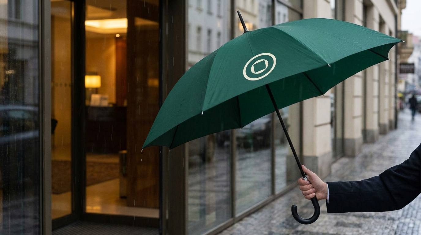 Zelený deštník Bristol AC s firemním logem na výseči před vchodem do hotelu