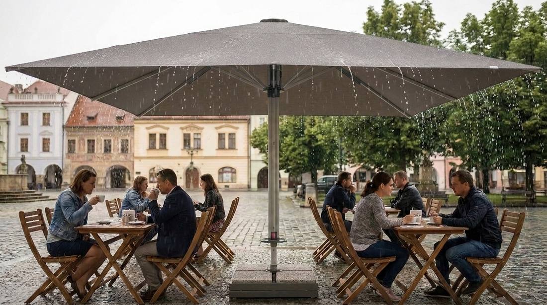 Hosté pod béžovým slunečníkem Goliath v suchu během letního deště
