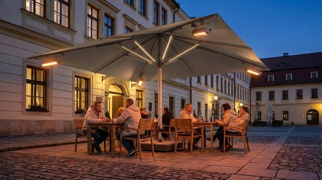 Slunečník Goliath s infračervenými zářiči a LED lištami na vnitřních ramenech na hotelové terase za soumraku