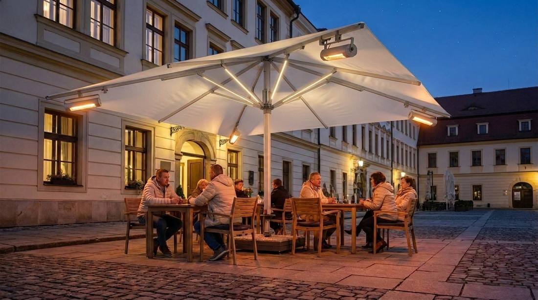 Slunečník Goliath s infračervenými zářiči a LED lištami na vnitřních ramenech na hotelové terase za soumraku