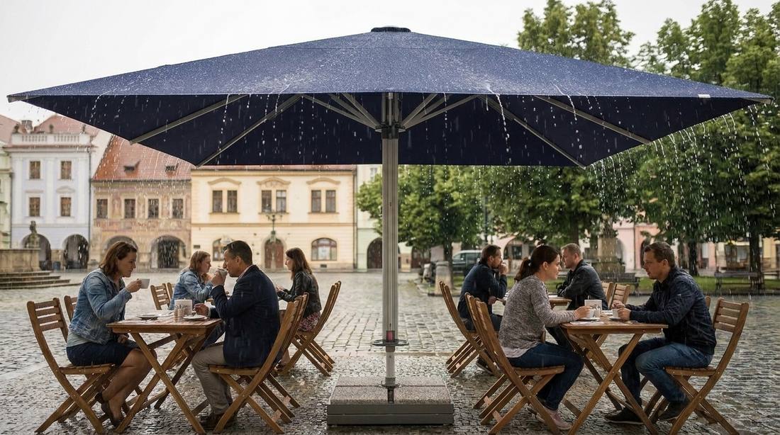 Hosté pod modrým slunečníkem Goliath v suchu během letního deště