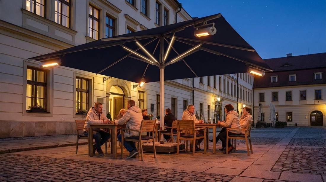 Slunečník Goliath s infračervenými zářiči a LED lištami na vnitřních ramenech na hotelové terase za soumraku