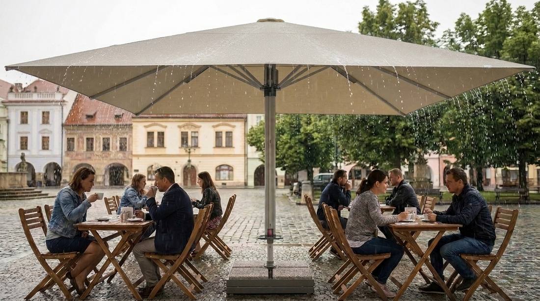Hosté pod světle béžovým slunečníkem Goliath v suchu během letního deště