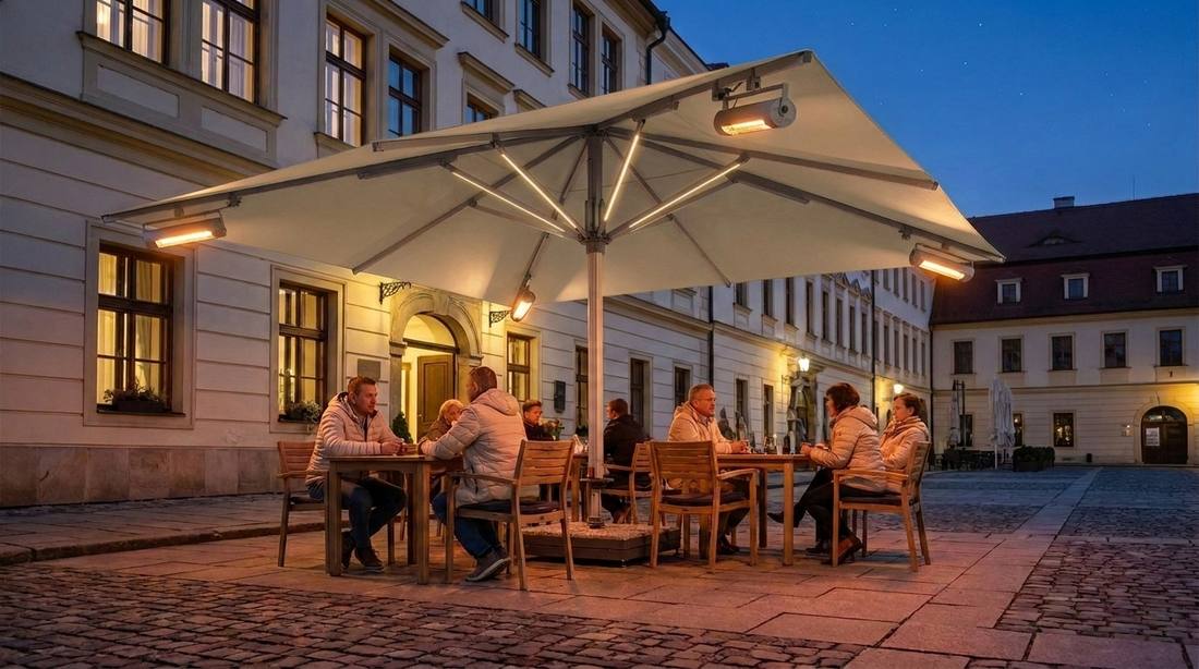 Slunečník Goliath s infračervenými zářiči a LED lištami na vnitřních ramenech na hotelové terase za soumraku