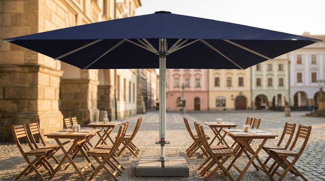Slunečník Goliath 500 x 500 cm v modré barvě nad restaurační terasou na historickém náměstí