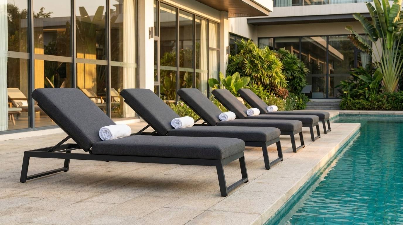 Řada lehátek Melia u bazénu wellness hotelu