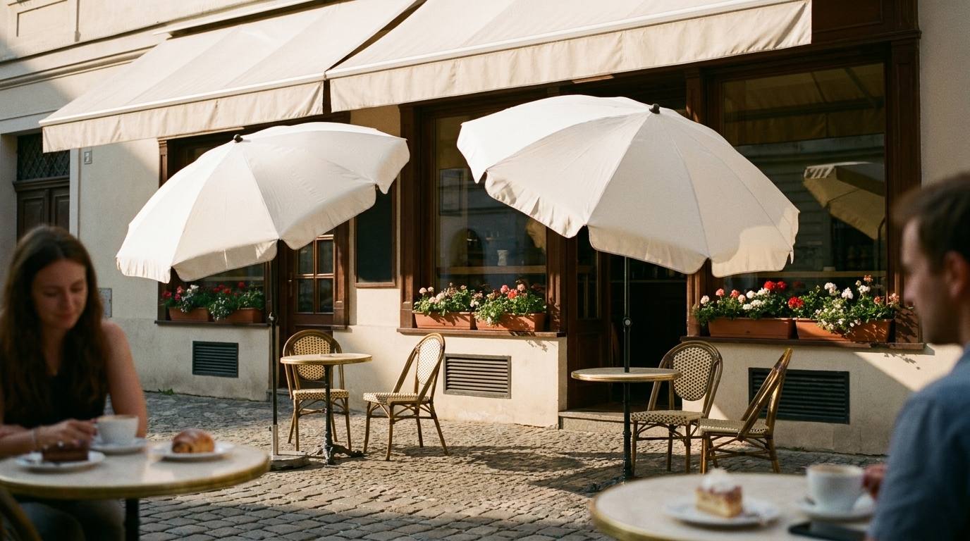 Slunečníky Nassau nad bistro stolky před kavárnou