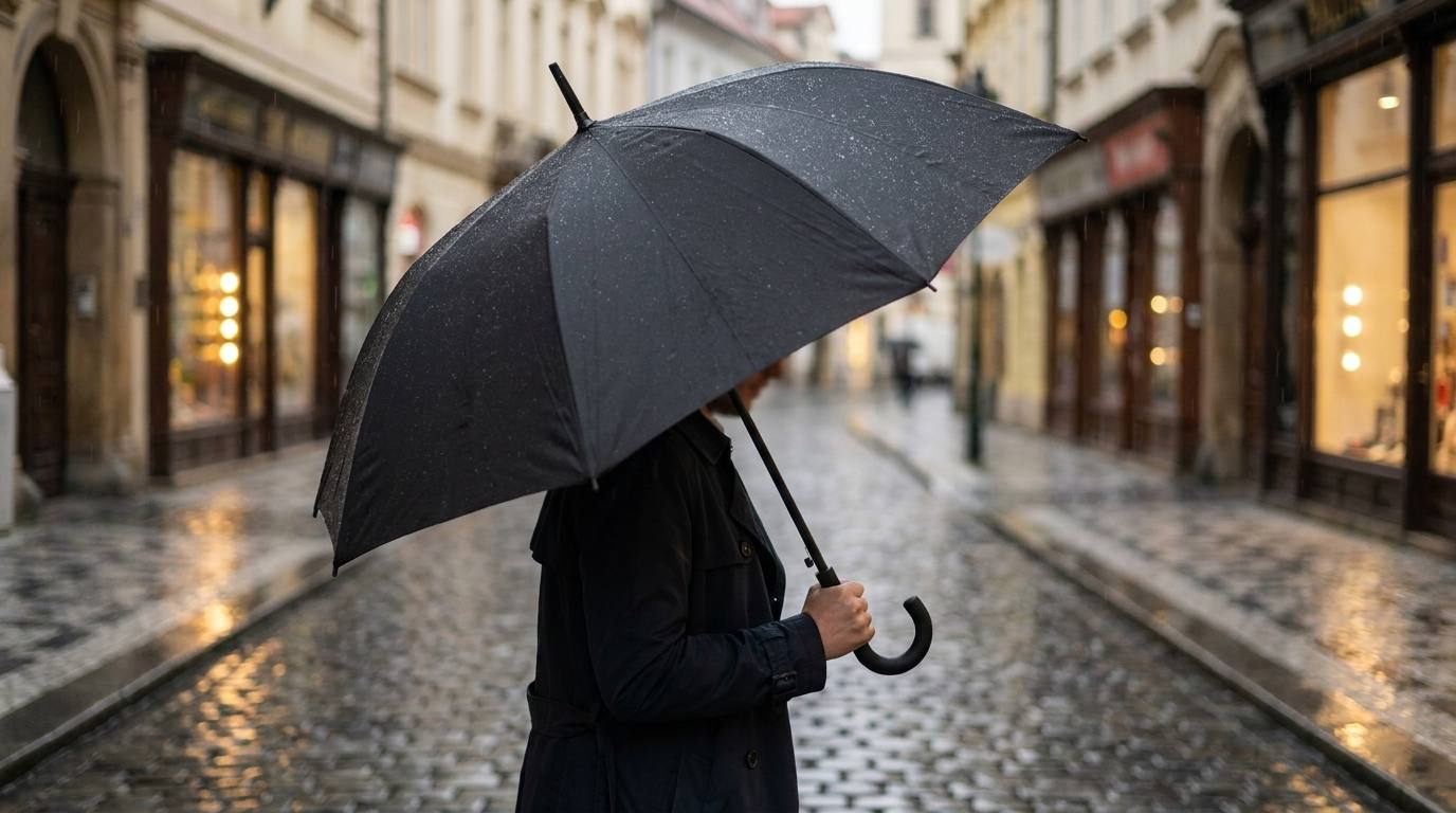 Deštník Trend Long AC v černé barvě otevřený v dešti na městské ulici