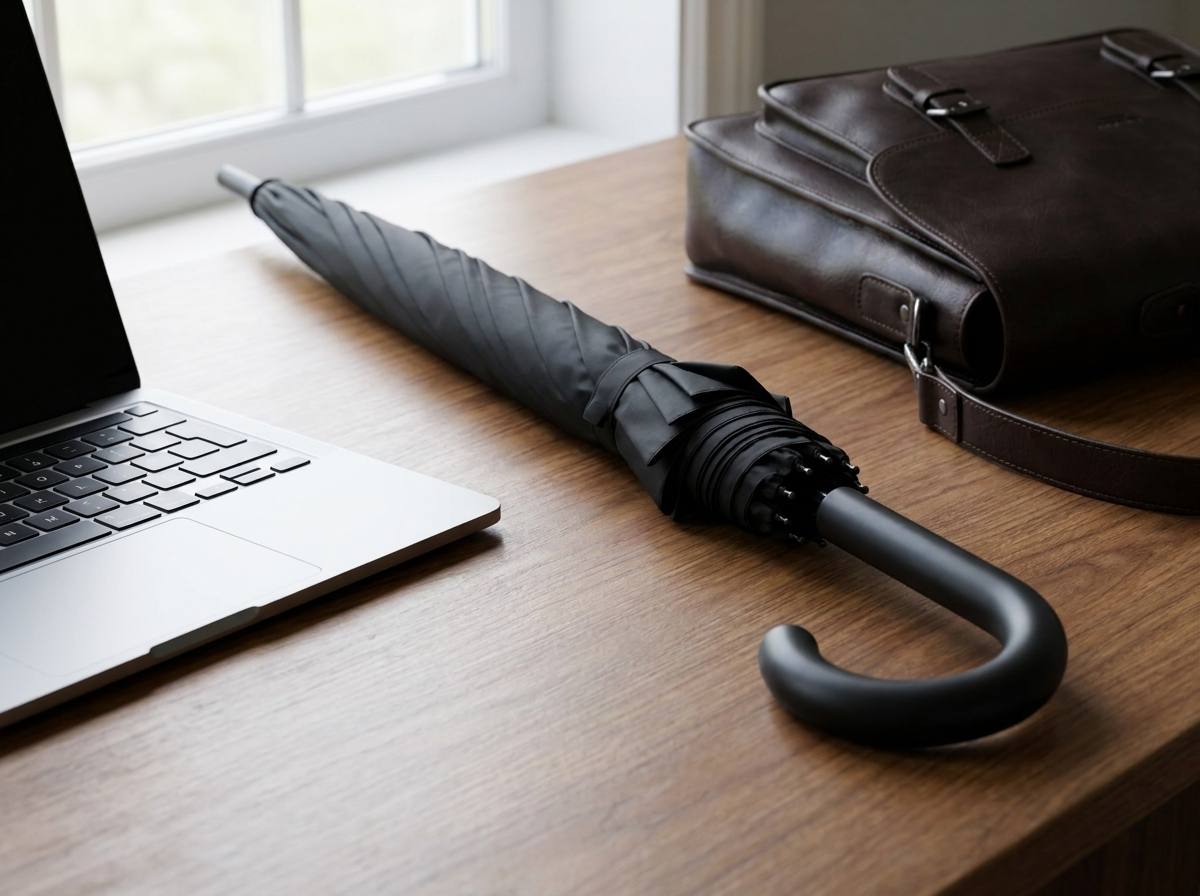 Složený deštník Trend Long AC na pracovním stole vedle notebooku a brašny