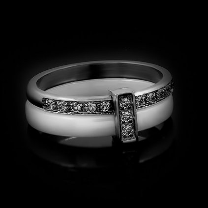 Dámský ocelový prsten se šperkařskou keramikou a zirkony v provedení White | DG Šperky  + Doprava zdarma + Dárkové balení zdarma