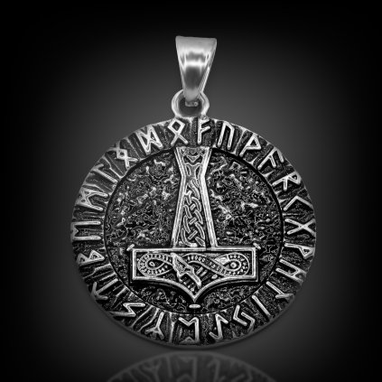 Ocelový přívěsek Mjölnir Runestone s runami (1)