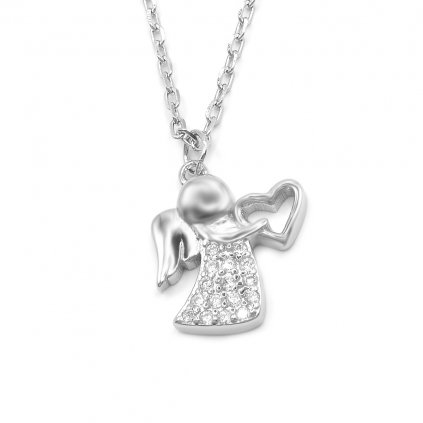 Stříbrný náhrdelník Andělíček pro štěstí se zirkony a srdíčkem | DG Šperky | Stříbro 925/1000  + Doprava zdarma + Dárkové balení zdarma