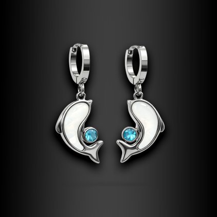 Delphina – dámské ocelové náušnice delfín s modrým kamenem (1)