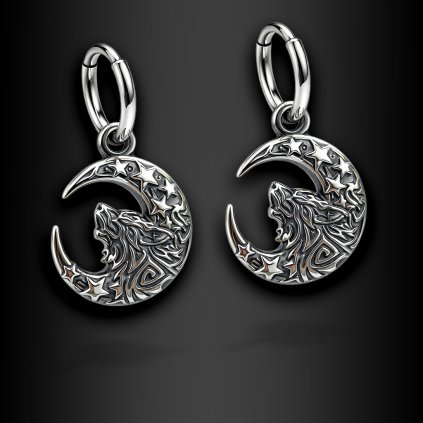Noctyra – dámské ocelové náušnice s motivem vlka a měsíce (1)