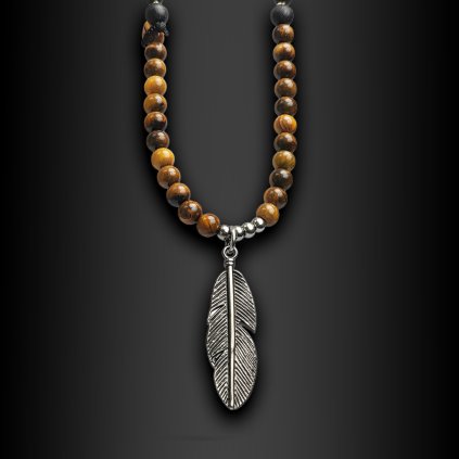 Pánský náhrdelník BRAVIK s přírodními korálky a přívěskem peří (1)