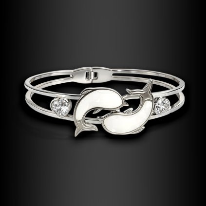 Dámský ocelový náramek Sorella s motivem delfínů a zirkony ve tvaru srdce (1)