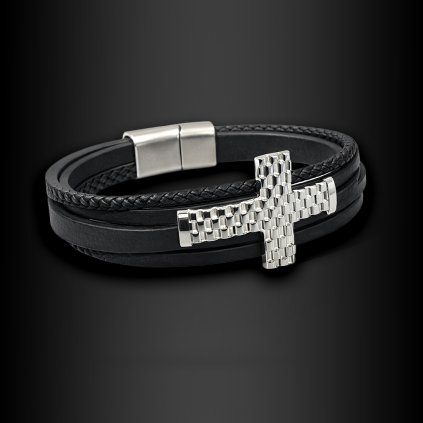 Pánský náramek Morvex z PU kůže a oceli s motivem kříže (1)