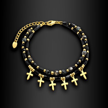 Dámský ocelový náramek Crosea s černými korálky a křížky (1)