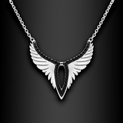 Dámský ocelový náhrdelník Coralynne s motivem andělských křídel a černými zirkony (1)