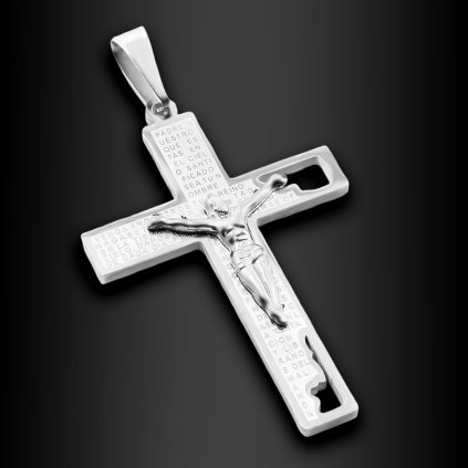 Pánský ocelový přívěsek kříž Cristus s Kristem a latinskou modlitbou (1)