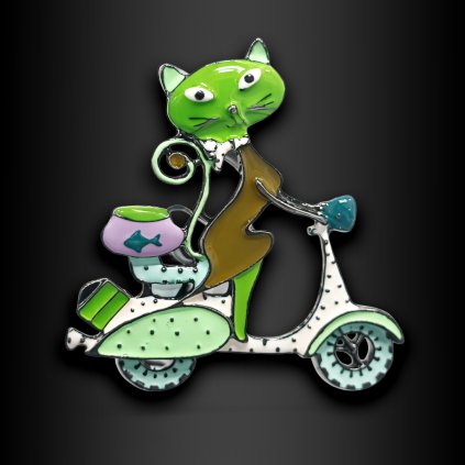 Dámská brož Scootella – kočka na skútru v moderním stylu (1)