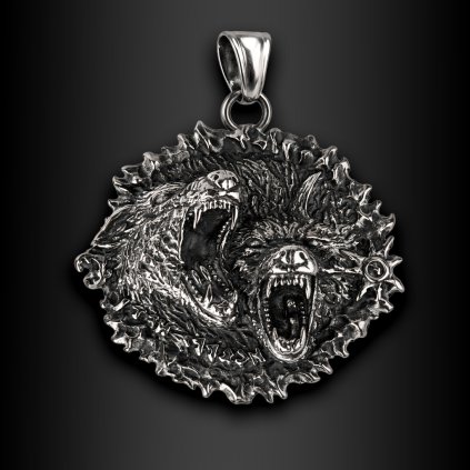 Pánský ocelový přívěsek Fenrivar se dvěma vlčími hlavami (1)