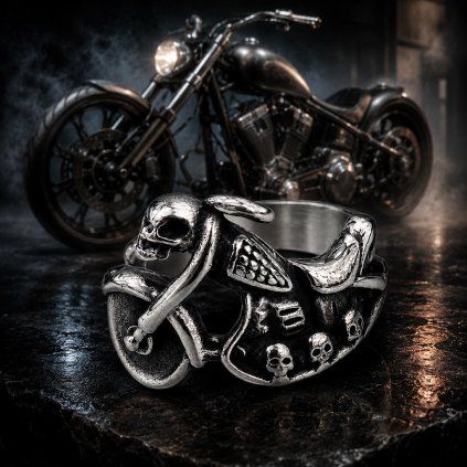 Pánský ocelový prsten Grave Engine s motorkou a lebkami (4)