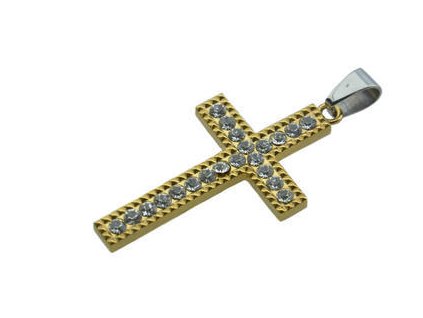 Přívěsek z oceli zlatý kříž s krystaly F128