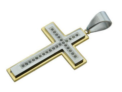 Přívěsek z oceli zlato- stříbrný kříž F152