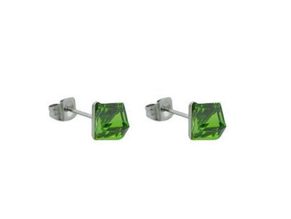 Náušnice z oceli kostka se zeleným krystalem