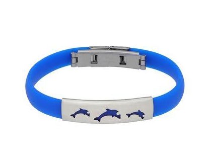 Náramek modrý z kaučuku a oceli s delfíny