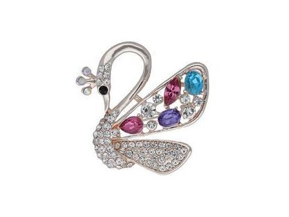 Brož LABUŤ rose gold s barevnými krystaly B004