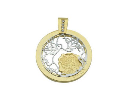 Přívěsek medailon s růží zlatý z oceli F008