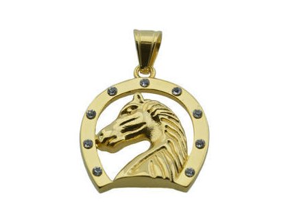 Přívěsek zlatý z oceli podkova s ​​koněm F049